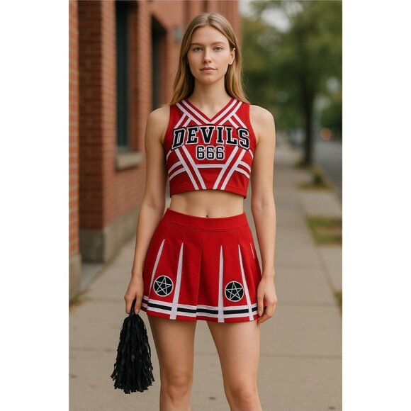 Satans Cheerleader Costume Set Red Devils 666 Top w/ Pleated Skirt & Pom Poms - Picture 5 of 10